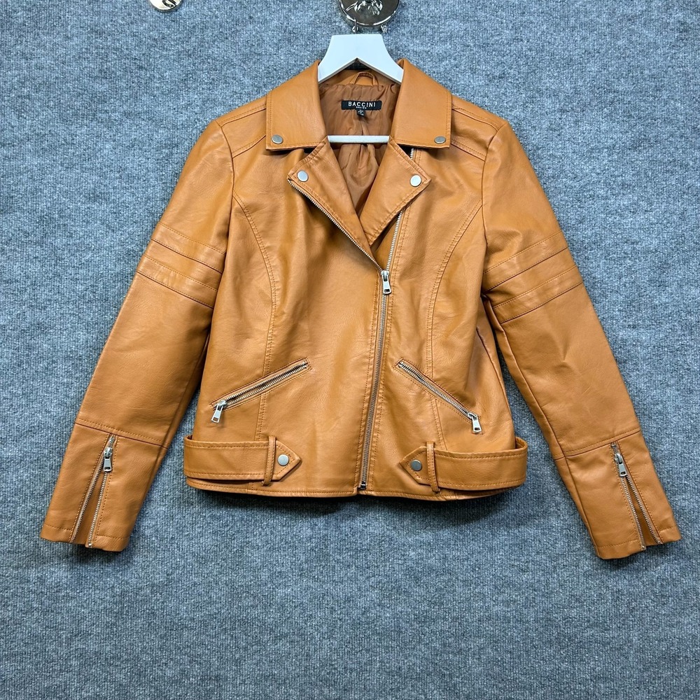 Baccini Moto Jacket Women's Tan Brown Faux Leather Asymmetrical Zip Biker - M